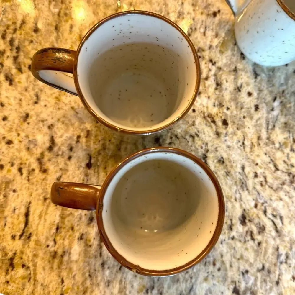 4 Retro CottageCore Floral‎ Speckled Stoneware Mugs Green Brown Flowers EUC